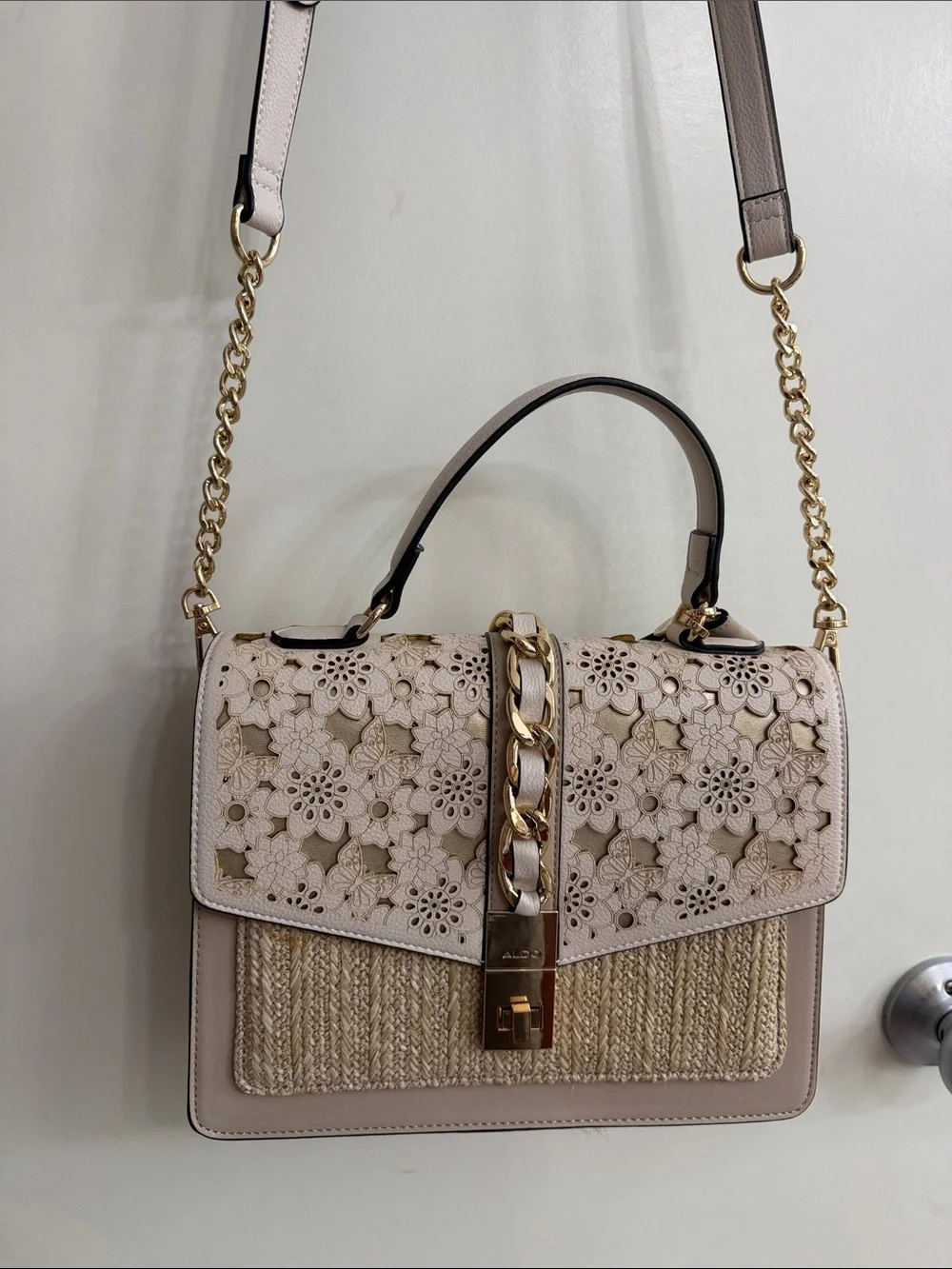 Aldo Beige Floral Laser-Cut Top-Handle Satchel with Chain Accent